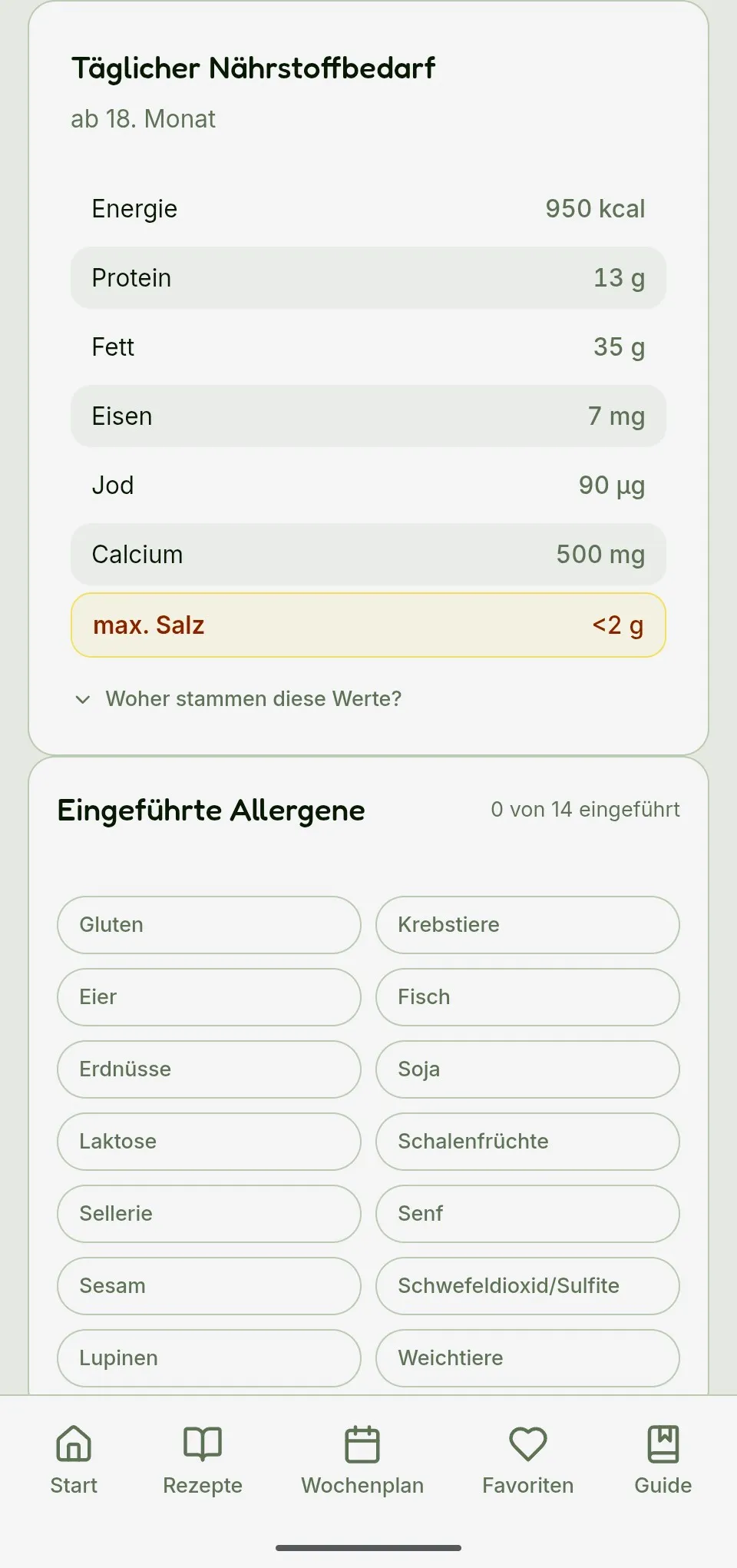 App-Screenshot Profil: täglicher Nährstoffbedarf nach Alter (Energie, Protein, Fett, Eisen, Jod, Calcium, max. Salz) und Liste eingeführter Allergene zum Abhaken.