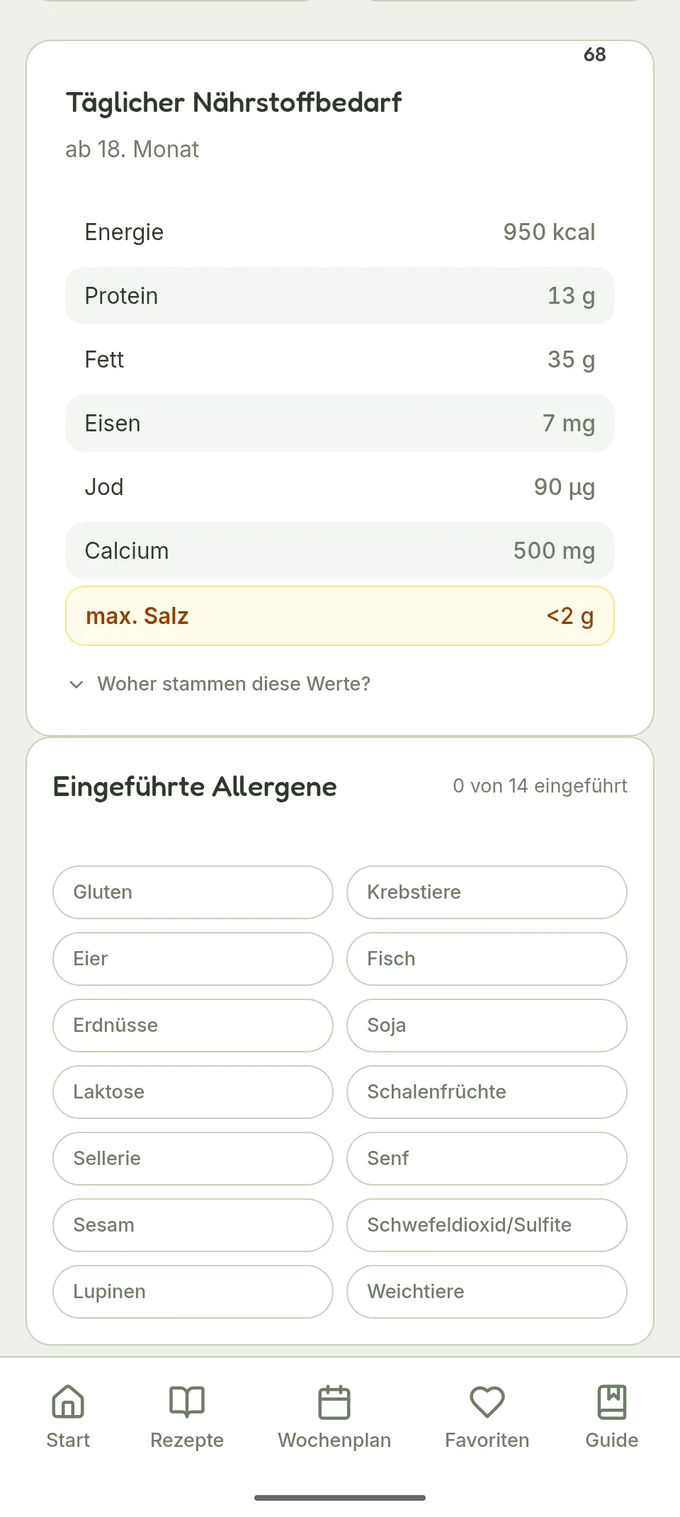 App-Screenshot Profil: täglicher Nährstoffbedarf nach Alter (Energie, Protein, Fett, Eisen, Jod, Calcium, max. Salz) und Liste eingeführter Allergene zum Abhaken.