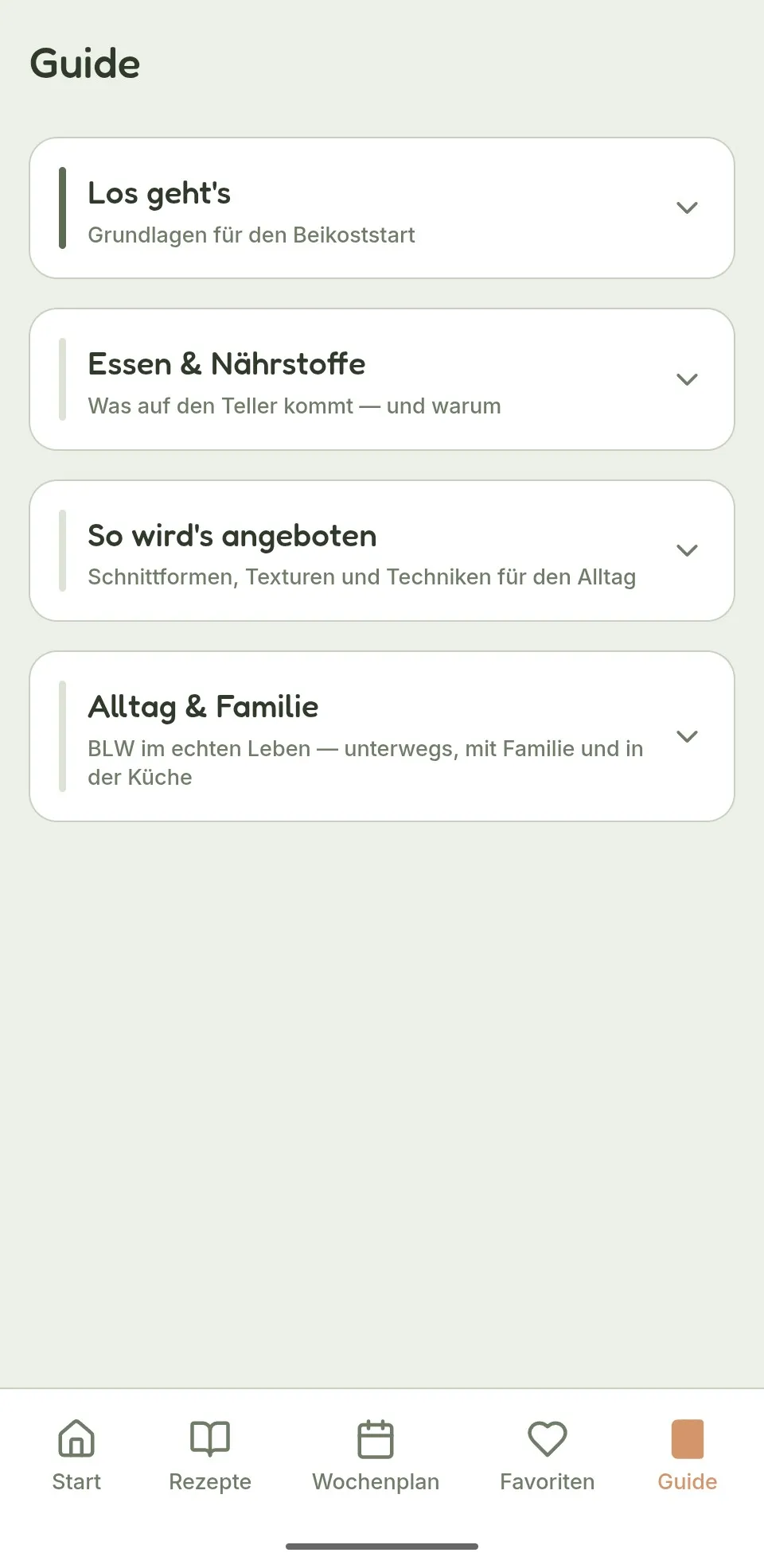 App-Screenshot Wissens-Bereich: vier Kategorien — Los geht's, Essen & Nährstoffe, So wird's angeboten, Alltag & Familie.
