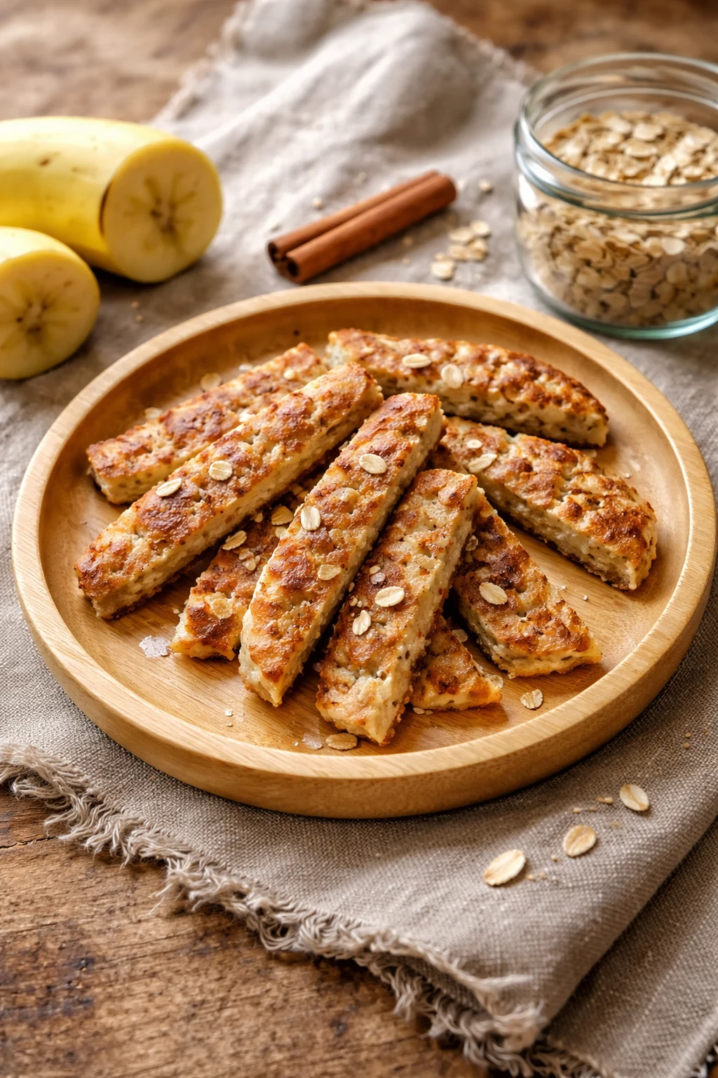 Goldbraun gebackene Bananen-Hafer-Pancakes in Streifen geschnitten auf rundem Holzteller, daneben Banane und Zimtstange