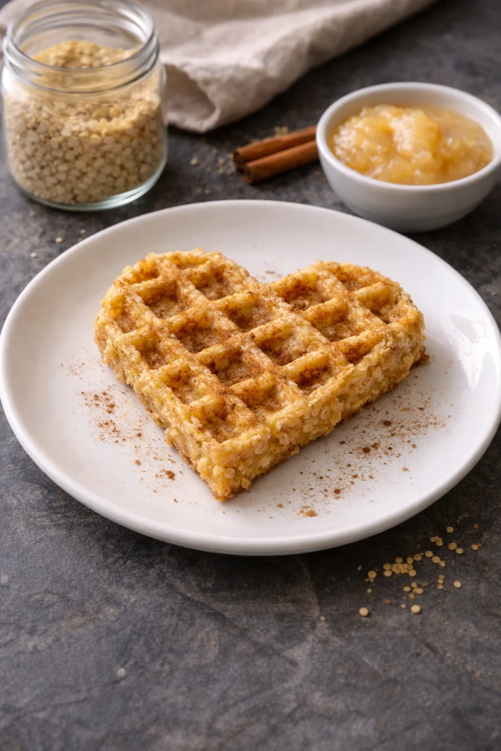 Herzförmige goldbraun gebackene Hirse-Apfel-Waffel mit Zimt bestreut auf weißem Teller, daneben ein Glas mit Hirse, zwei Zimtstangen und ein Schälchen Apfelmus.