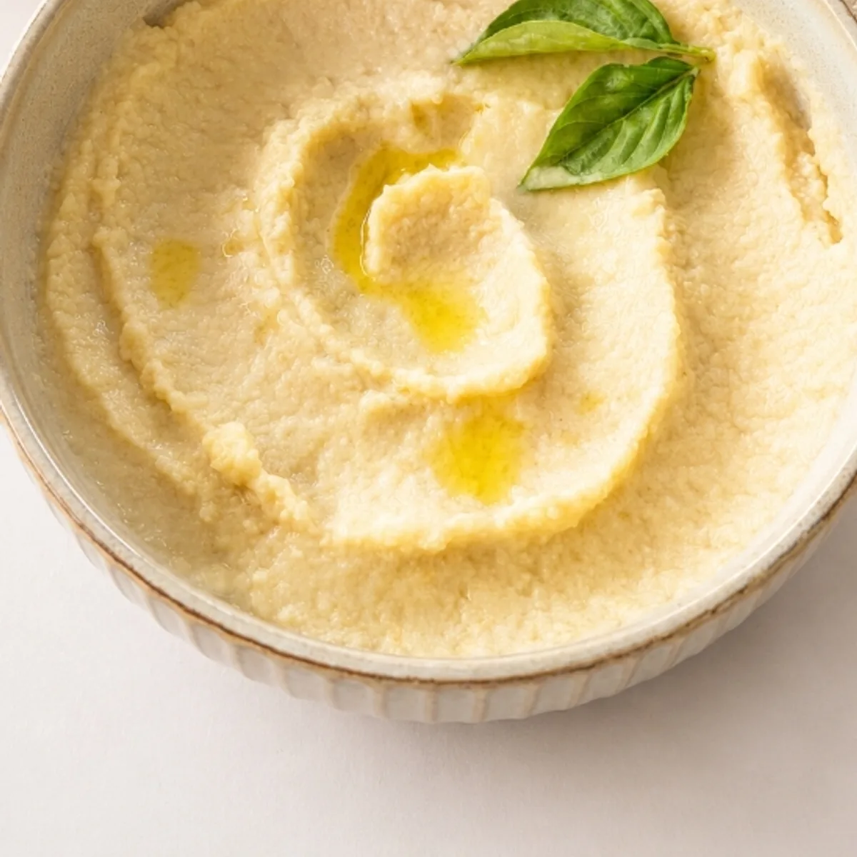 Cremiger heller Hummus in Schale mit Olivenöl-Schlieren und frischen Basilikumblättern garniert, daneben eine halbierte Zitrone.