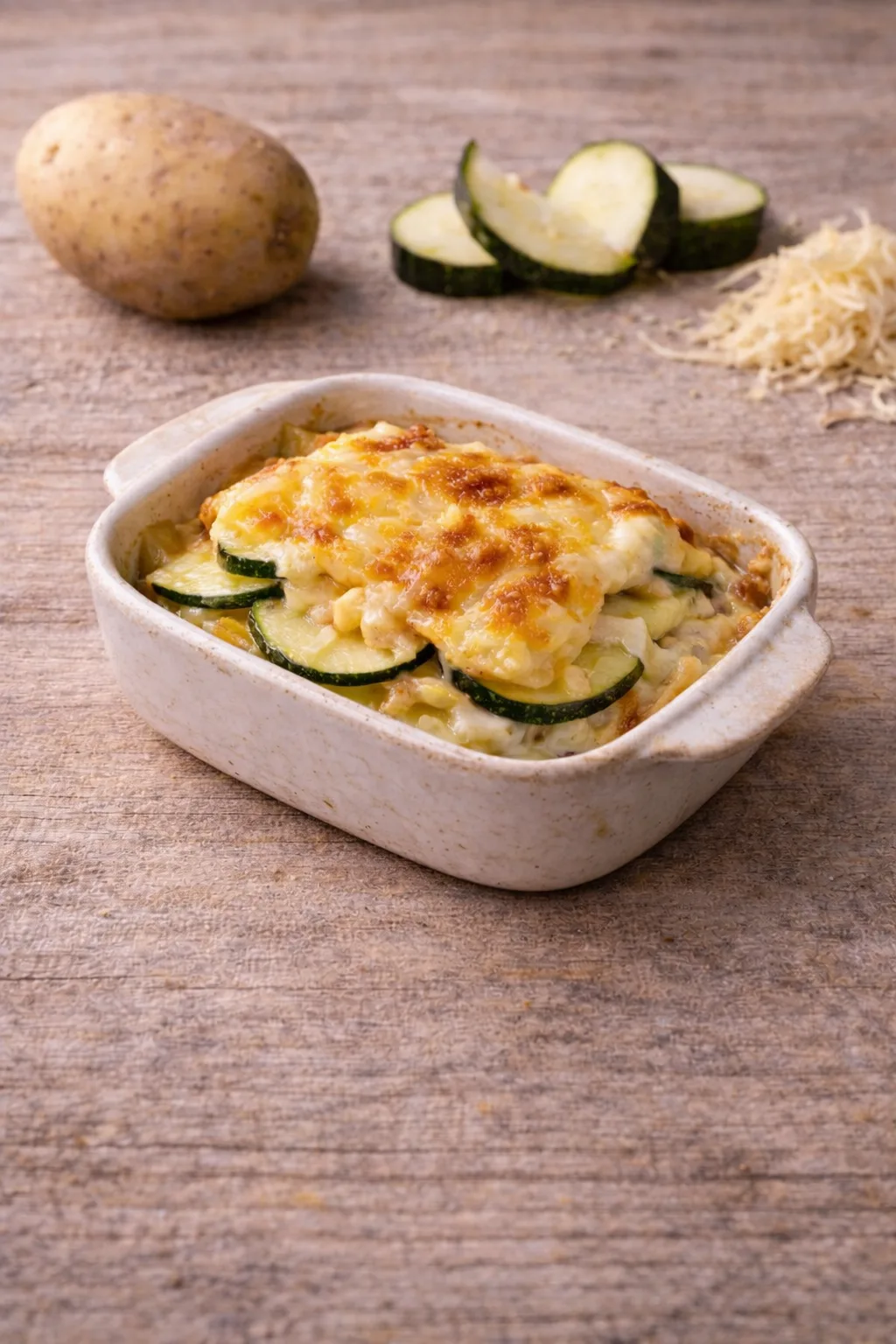 Cremiges Kartoffel-Zucchini-Gratin mit goldbrauner Käsekruste in weißer Auflaufform auf Holzbrett, daneben Kartoffel, Zucchini-Scheiben und geriebener Käse.