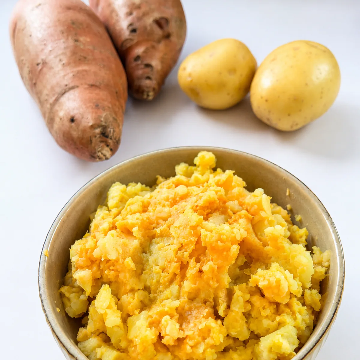 Schale mit cremigem gelb-orangenem Kartoffel-Süßkartoffel-Püree, im Hintergrund zwei rohe Süßkartoffeln und zwei Kartoffeln.