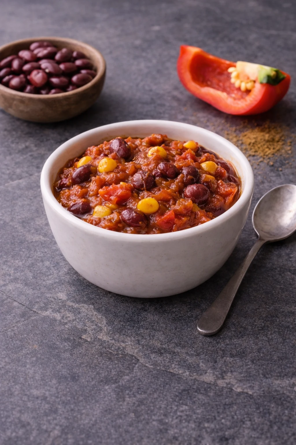 Mildes Kidneybohnen-Chili mit Mais und Tomaten in weißer Schale auf grauem Schiefer, daneben Bohnen-Schälchen und Paprikastück