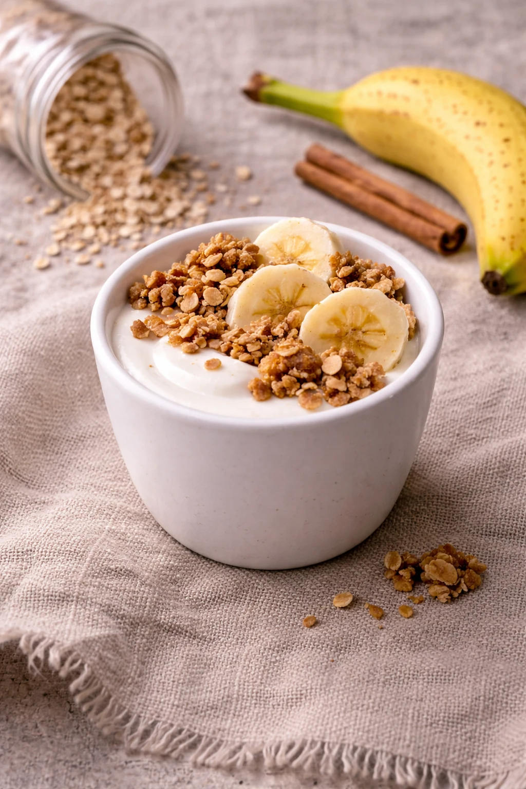 Naturjoghurt mit Müsli-Crunch und drei Bananenscheiben in weißer Schale auf Leinen, im Hintergrund umgekipptes Müsli-Glas und reife Banane