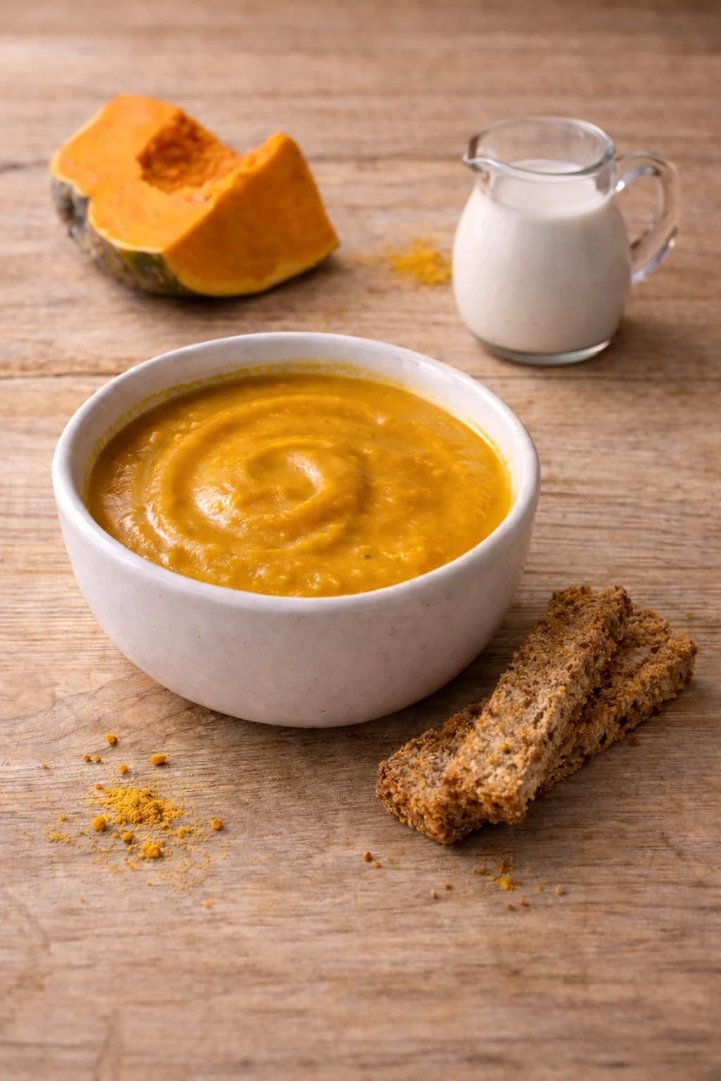 Cremige Kürbissuppe mit Strudel-Muster in weißer Schale, daneben zwei Vollkornbrot-Streifen mit Saaten und ein Glaskännchen Kokosmilch