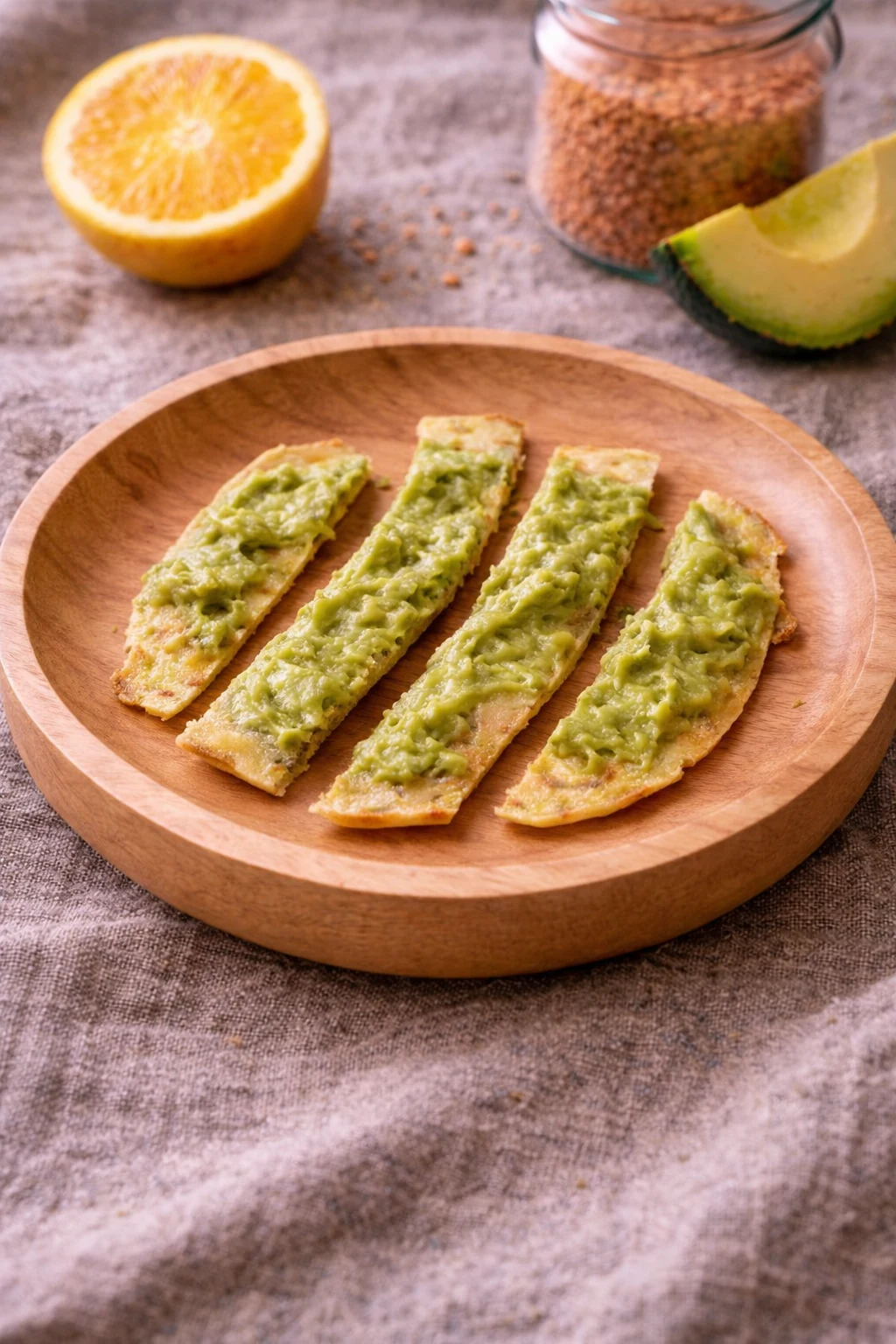 Vier längliche goldgelbe Linsen-Pancakes mit cremigem Avocado-Aufstrich auf Holzteller, daneben halbierte Orange und Avocado