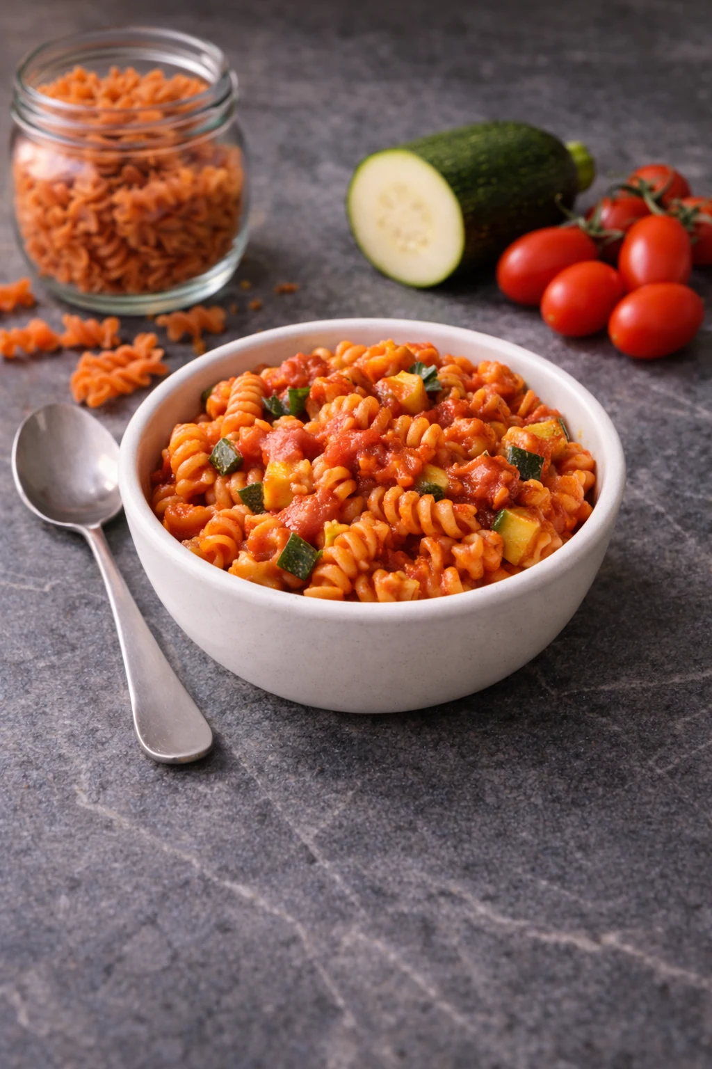 Cremige Rote-Linsen-Pasta mit Tomatensauce und Zucchini-Würfeln in weißer Schale, daneben rohe Pasta im Glas und Cocktailtomaten
