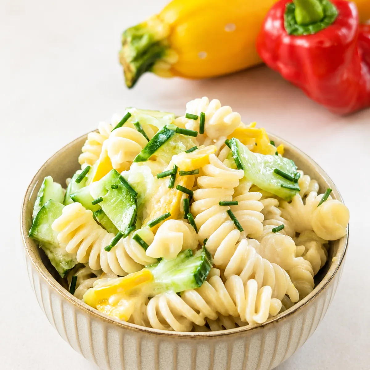 Schüssel mit Vollkorn-Fusilli-Nudelsalat, Gurkenstücken und fein gehackten Kräutern, im Hintergrund gelbe Zucchini und rote Paprika.