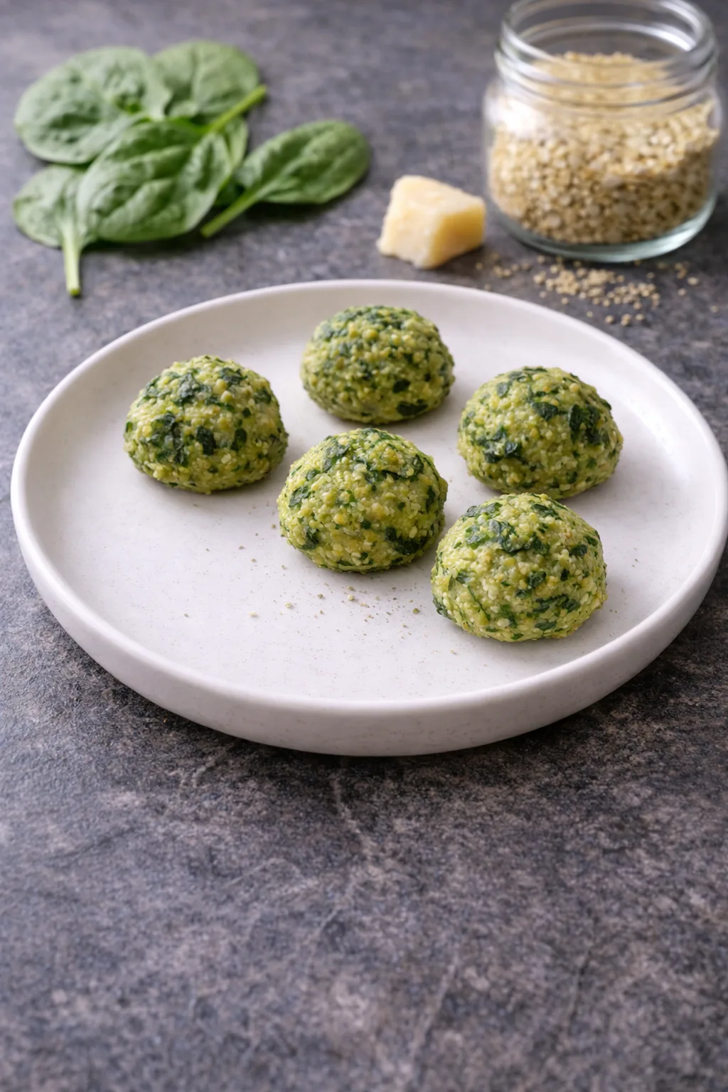 Fünf grüne Spinat-Hirse-Bällchen auf weißem Keramikteller, daneben frische Babyspinat-Blätter, ein Stück Käse und ein Glas mit ungekochter Hirse.