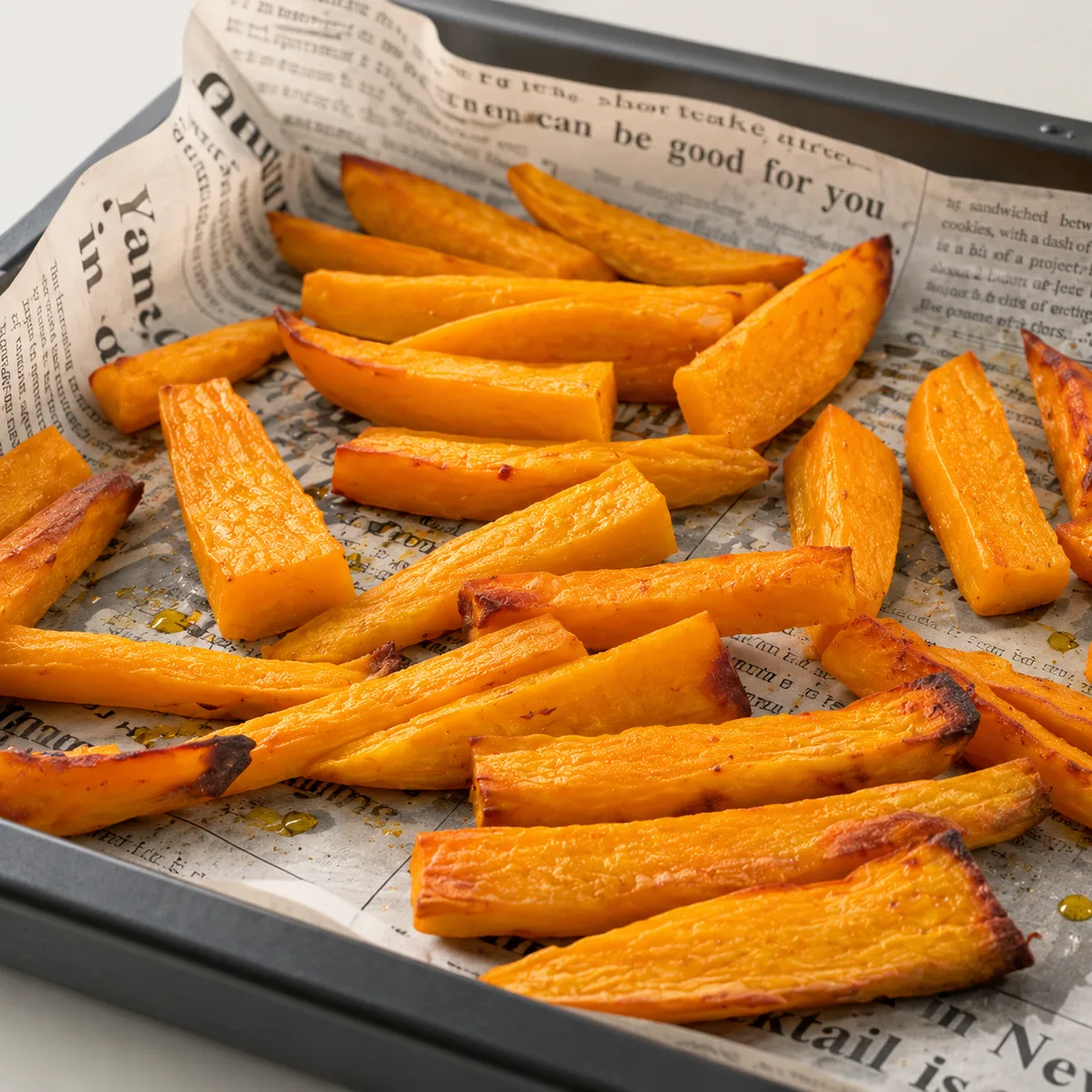 Goldbraun geröstete Süßkartoffel-Pommes-Sticks locker verteilt auf einem Backblech mit Backpapier.