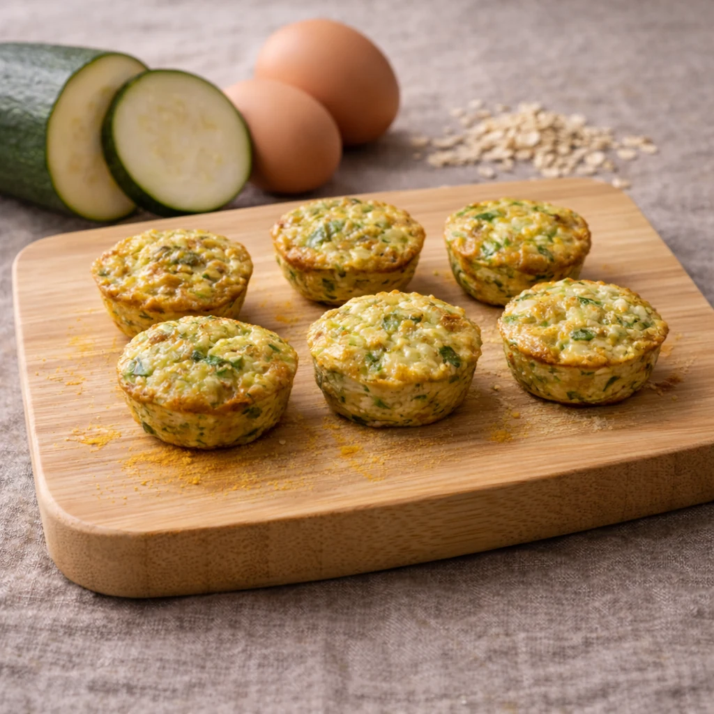 Sechs goldbraune Zucchini-Ei-Muffins mit grünen Sprenkeln auf Bambusbrett, daneben Zucchini-Scheiben und braune Eier